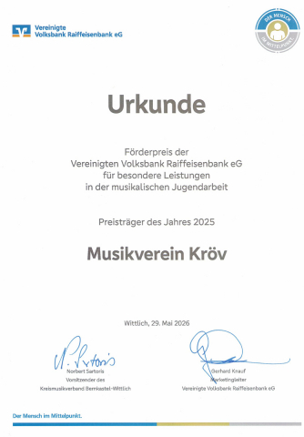 Urkunde Jugendförderpreis 2025 an den Musikverein Kröv e. V. (29.5.2026)