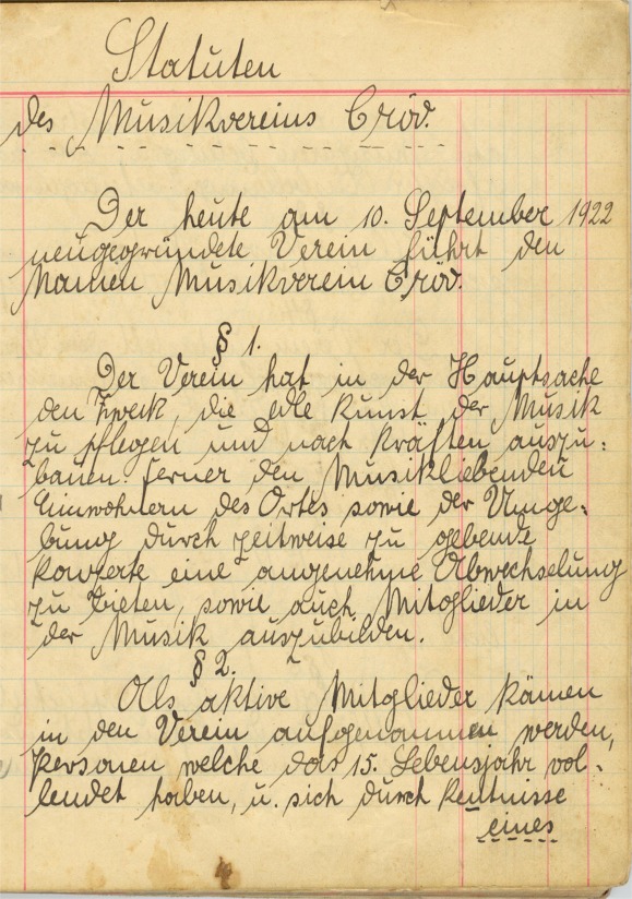 Erste Seite der handschriftlichen Statuten des MV Kröv von 1922